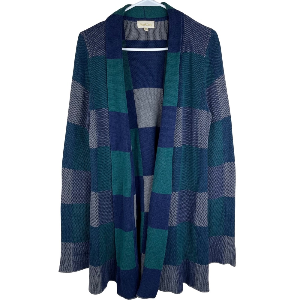 ModCloth Cardigan Sweater Womens XL Blue Teal Plaid Colorblock Cotton Open Front